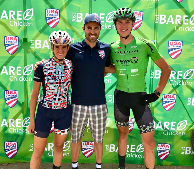 Checking in with cyclocross athletes Katie Clouse and Brannan Fix at the Just Bare Chicken booth at USA Cycling MTB National Championships